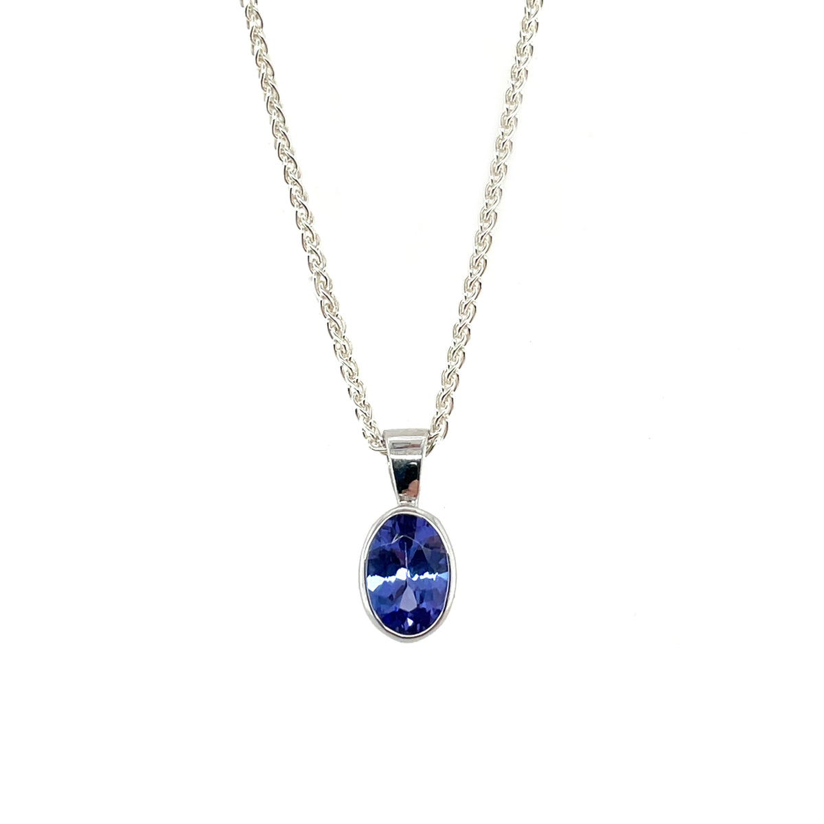 9ct White Gold Oval Tanzanite Rubover Pendant (7x5mm)
