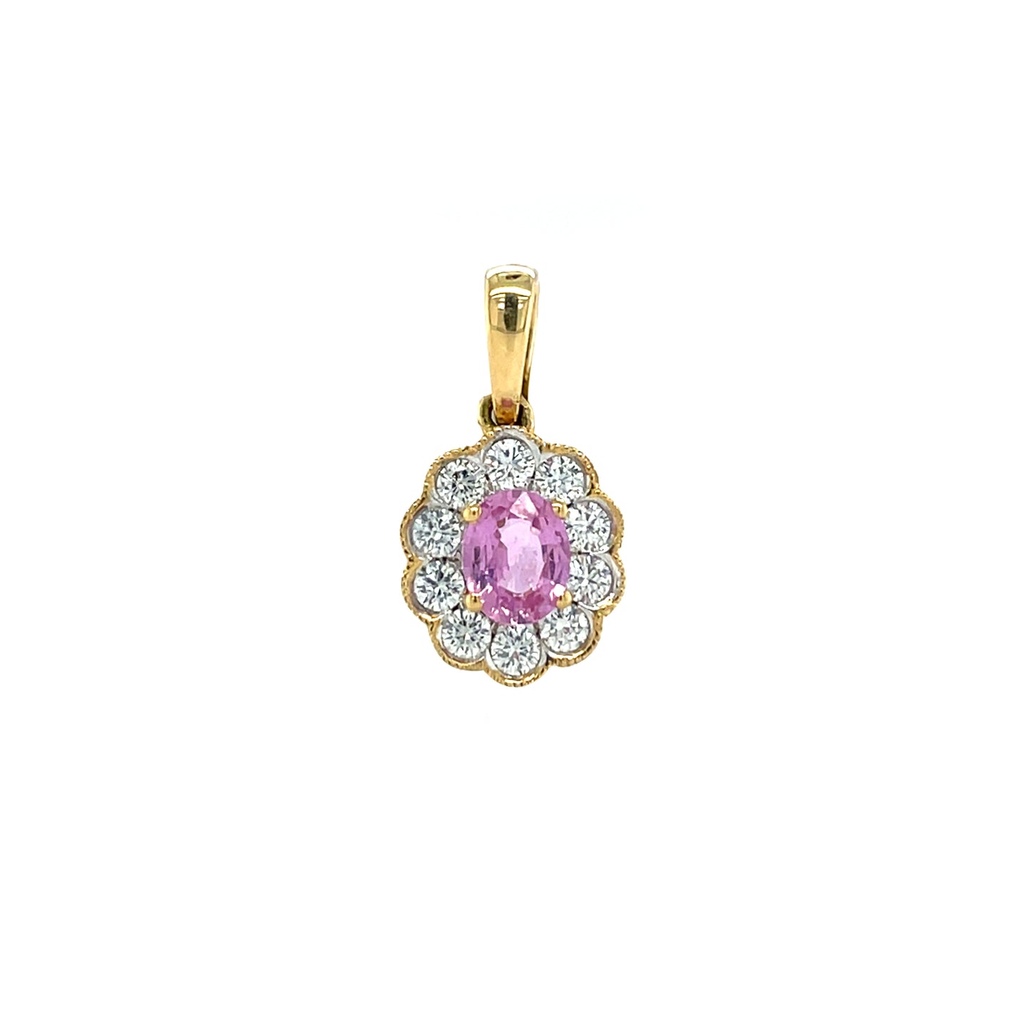 18ct Yellow Gold Pink Sapphire & Diamond Cluster Pendant