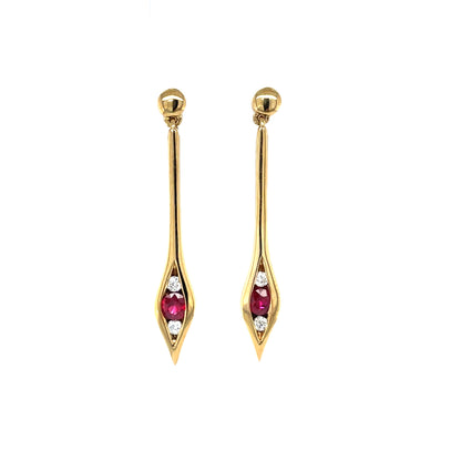 18ct Yellow Gold Ruby &  Diamond Drop Earrings