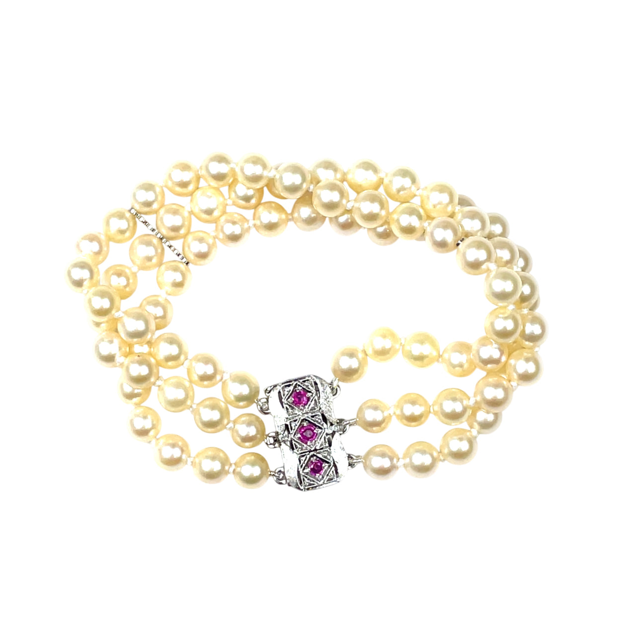 18ct White Gold & Ruby Three-Strand Pearl Bracelet (7.5")