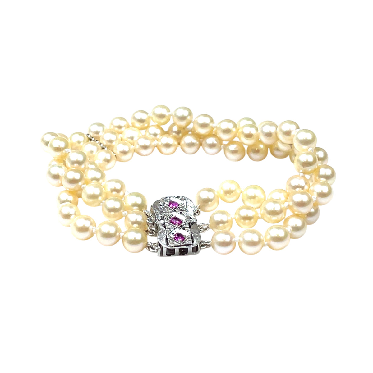 18ct White Gold & Ruby Three-Strand Pearl Bracelet (7.5")