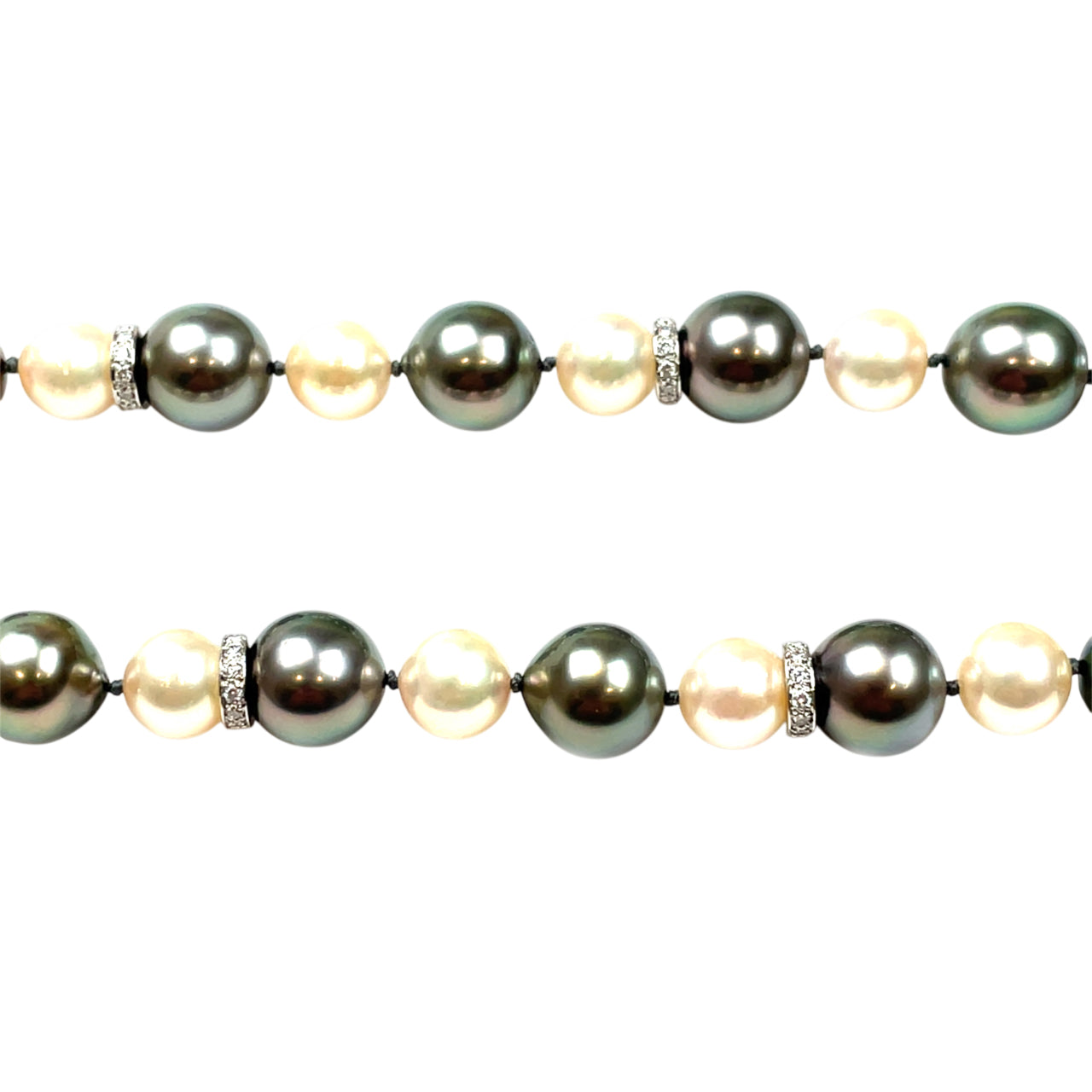 Akoya Pearl & Tahitian Pearl Necklace with White Gold Diamond-Set Rondels (30")