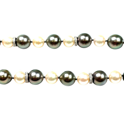 Akoya Pearl & Tahitian Pearl Necklace with White Gold Diamond-Set Rondels (30")