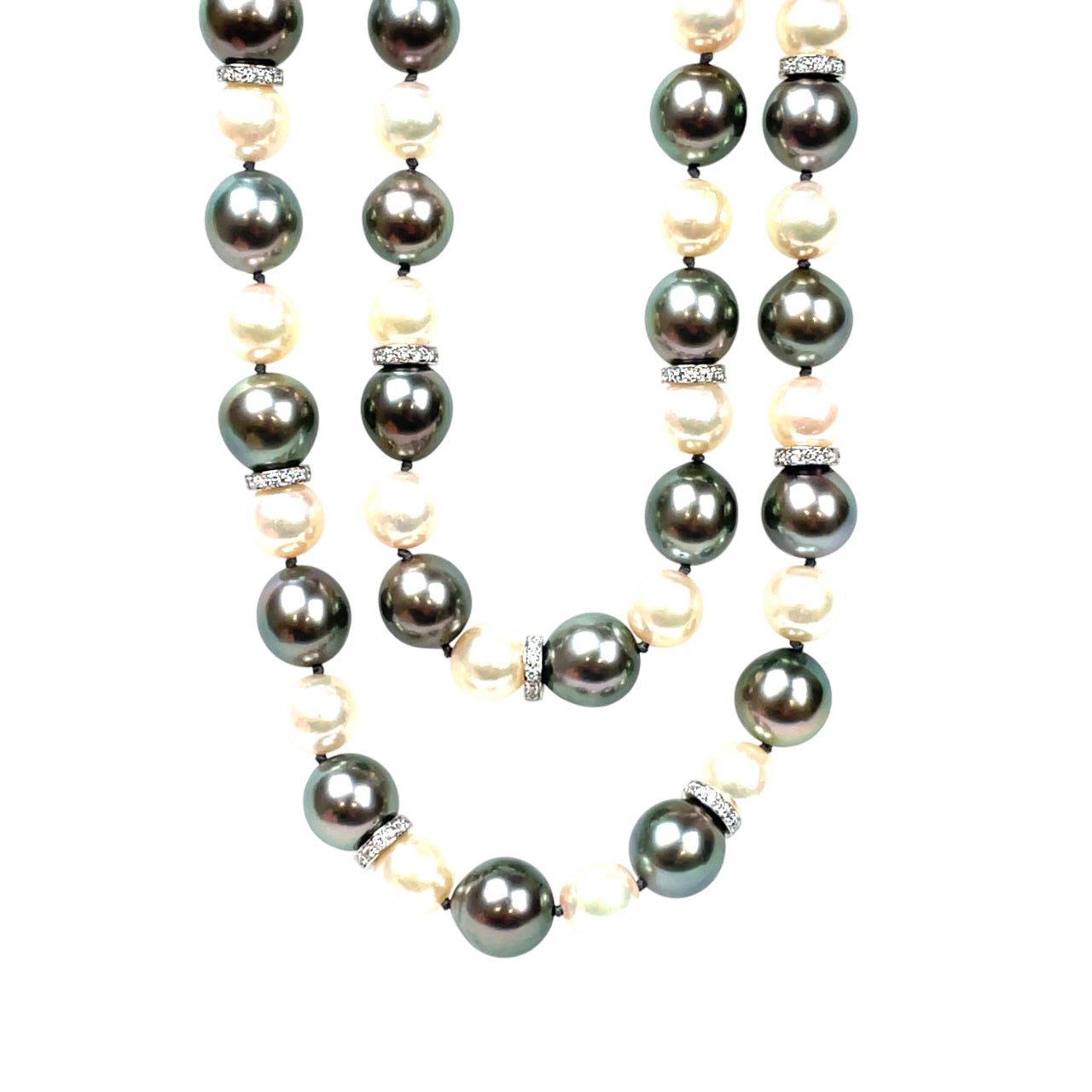 Akoya Pearl & Tahitian Pearl Necklace with White Gold Diamond-Set Rondels (30")