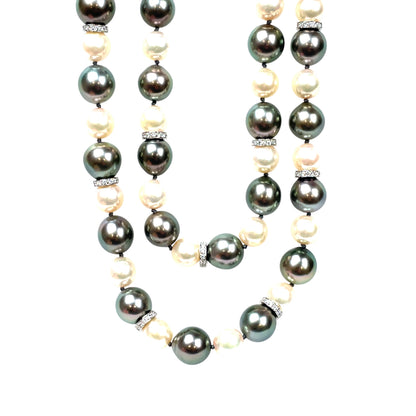 Akoya Pearl & Tahitian Pearl Necklace with White Gold Diamond-Set Rondels (30")