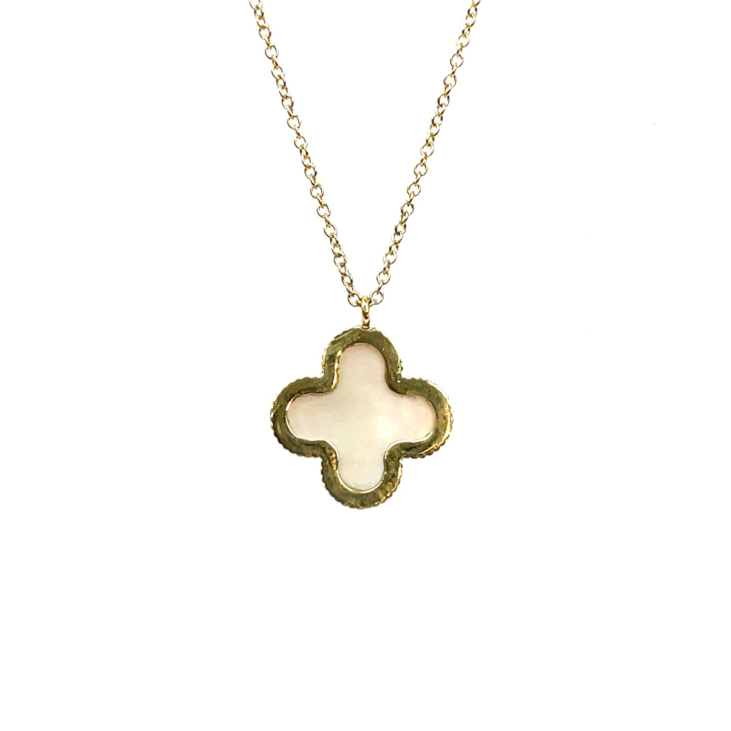 18ct Yellow Gold Mother of Pearl Clover Pendant & Chain (16")