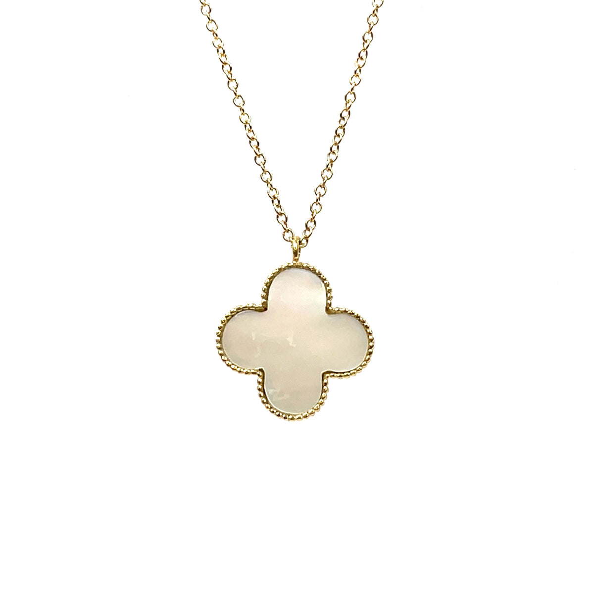 18ct Yellow Gold Mother of Pearl Clover Pendant & Chain (16")