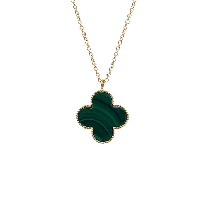 18ct Yellow Gold Malachite Clover Pendant & Chain (16")