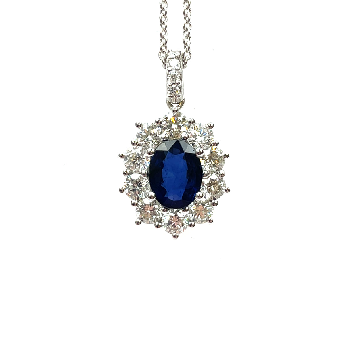 18ct White Gold Sapphire and Diamond Cluster Pendant & Chain (16")