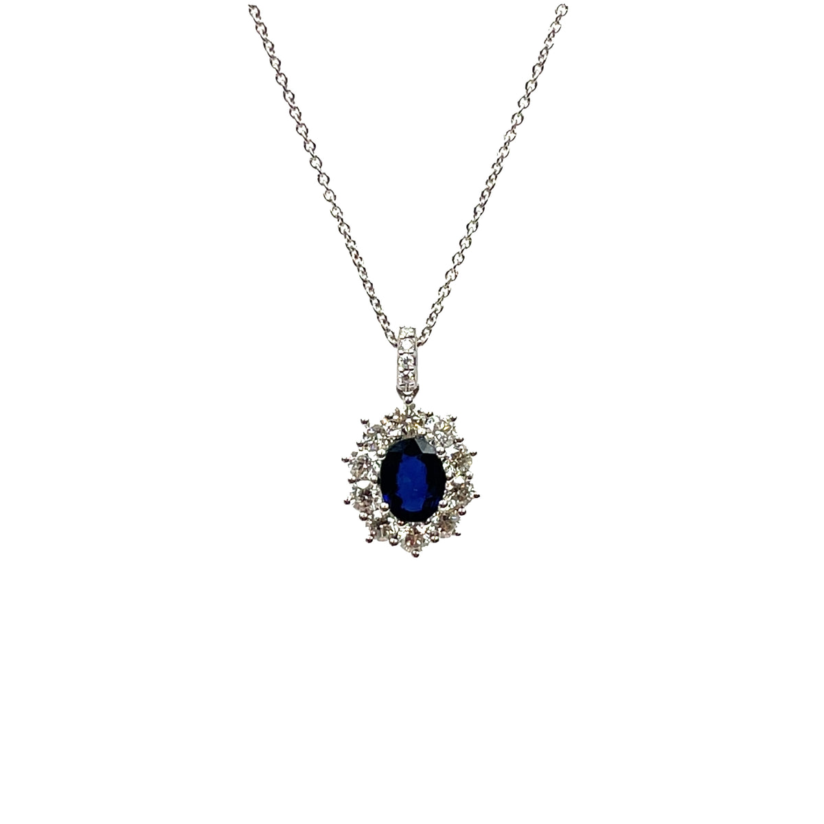 18ct White Gold Sapphire and Diamond Cluster Pendant & Chain (16")