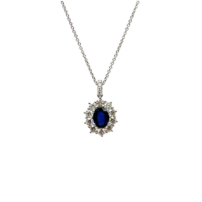 18ct White Gold Sapphire and Diamond Cluster Pendant & Chain (16")