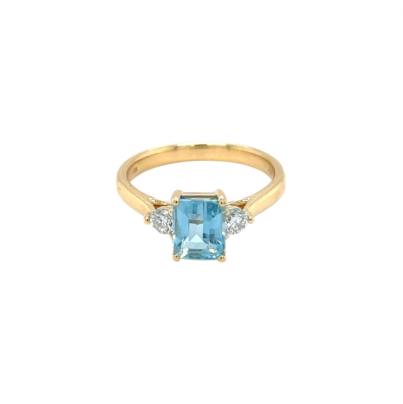 18ct Yellow Gold Aquamarine & Diamond Three Stone Ring (N)