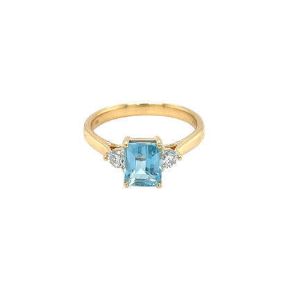 18ct Yellow Gold Aquamarine & Diamond Three Stone Ring (N)