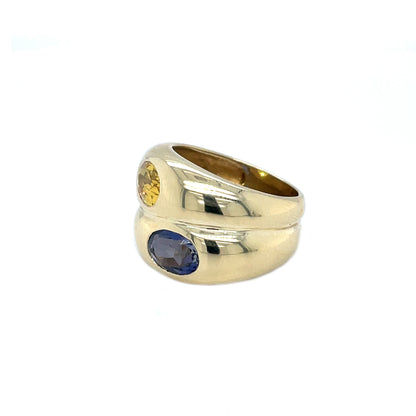 18ct Yellow Gold Blue & Orange Sapphire Ring (Size I)