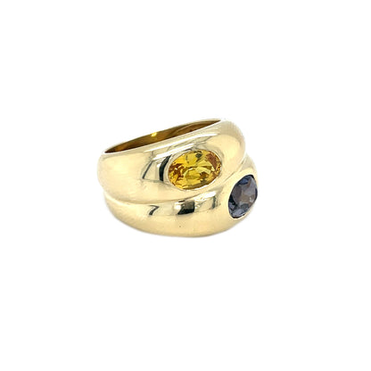 18ct Yellow Gold Blue & Orange Sapphire Ring (Size I)