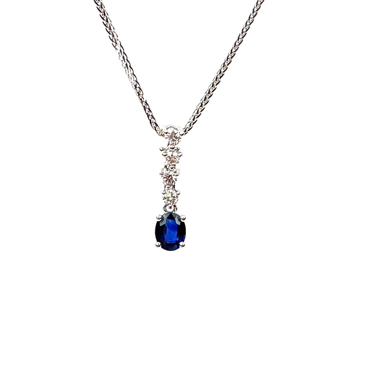 18ct White Gold Sapphire & Diamond Drop Pendant & Chain (18")