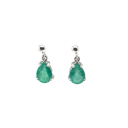 9ct White Gold Pear-Shaped Emerald Drop Earrings