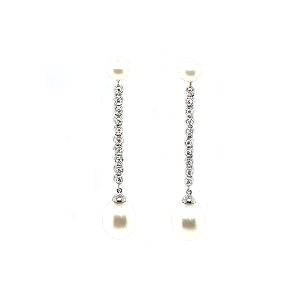 18ct White Gold Diamond & Pearl Drop Earrings