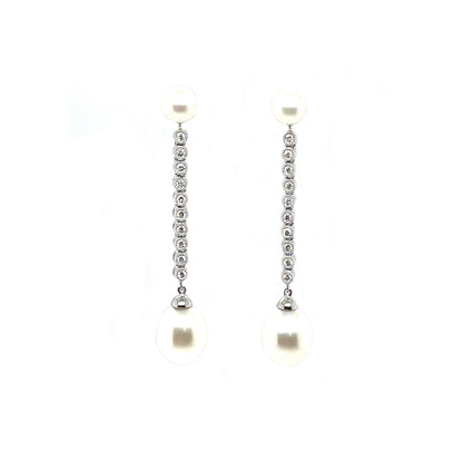18ct White Gold Diamond & Pearl Drop Earrings