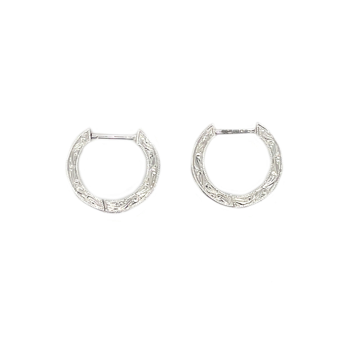 18ct White Gold Diamond Engraved Hoop Earrings