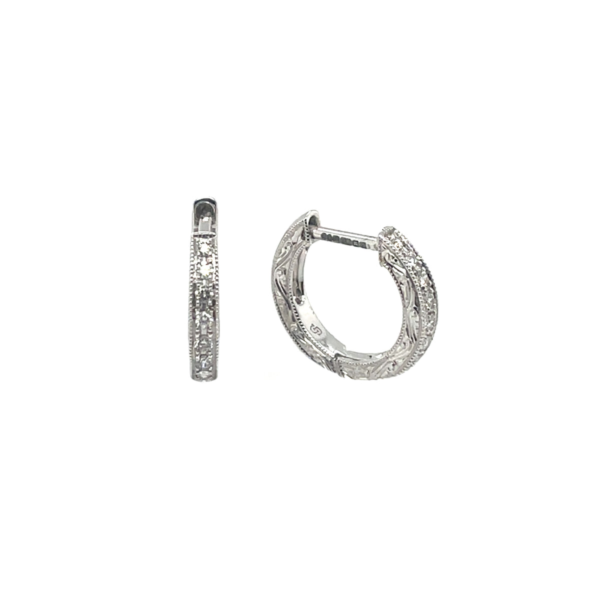18ct White Gold Diamond Engraved Hoop Earrings