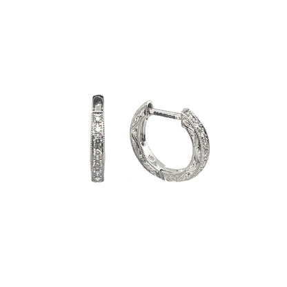 18ct White Gold Diamond Engraved Hoop Earrings