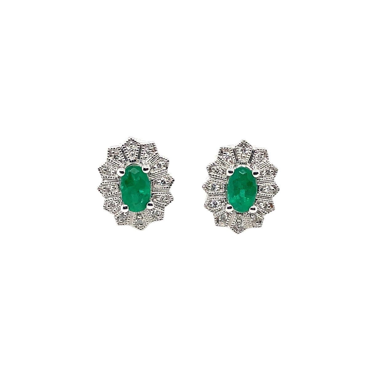 18ct White Gold Emerald & Diamond Cluster Earrings