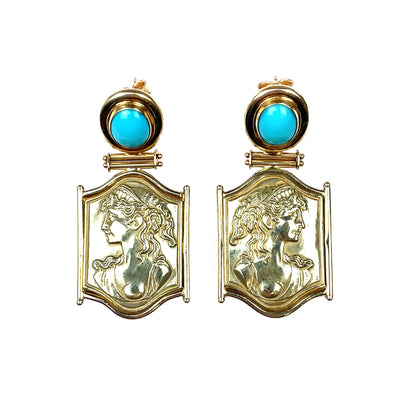 18ct Yellow Gold Greek Revival Style Turquoise Earrings