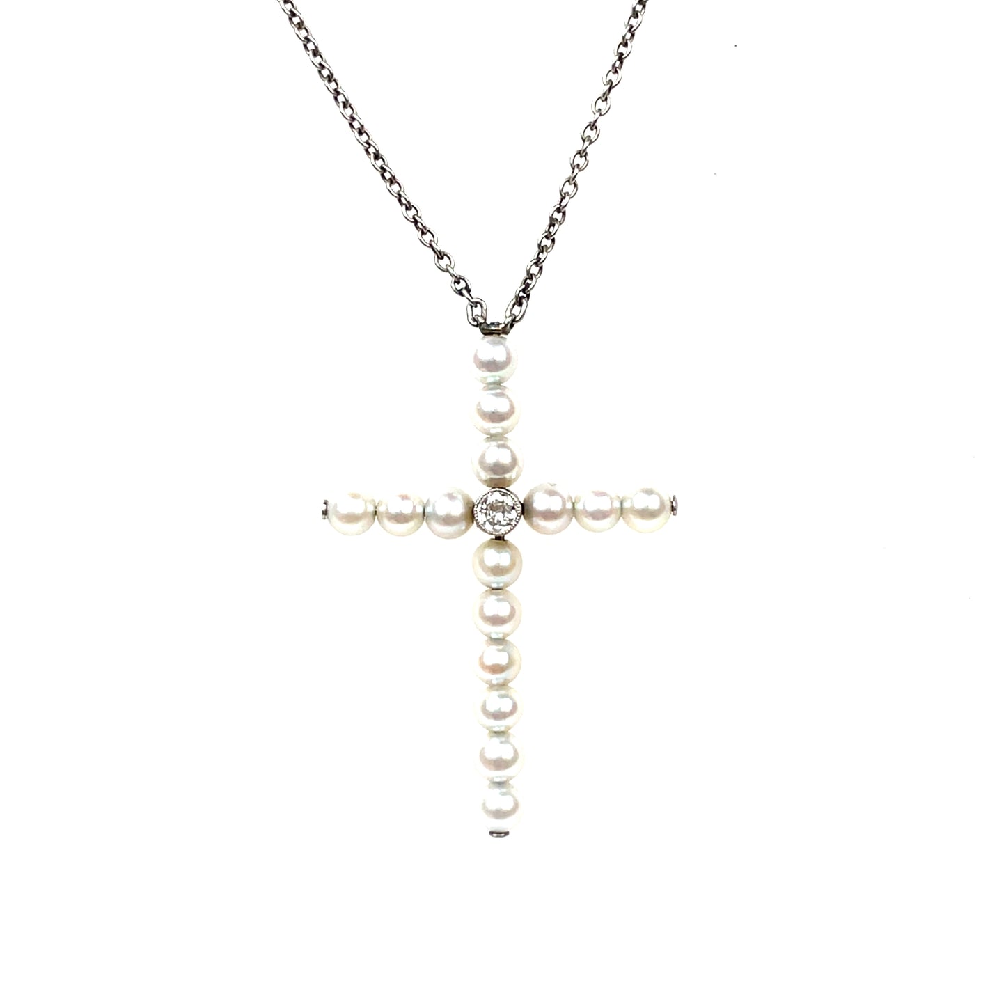 Platinum Pearl & Diamond Cross Pendant & Chain (18")