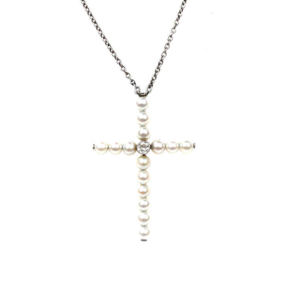 Platinum Pearl & Diamond Cross Pendant & Chain (18")