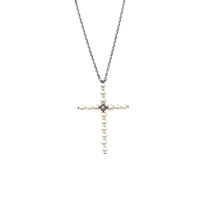 Platinum Pearl & Diamond Cross Pendant & Chain (18")