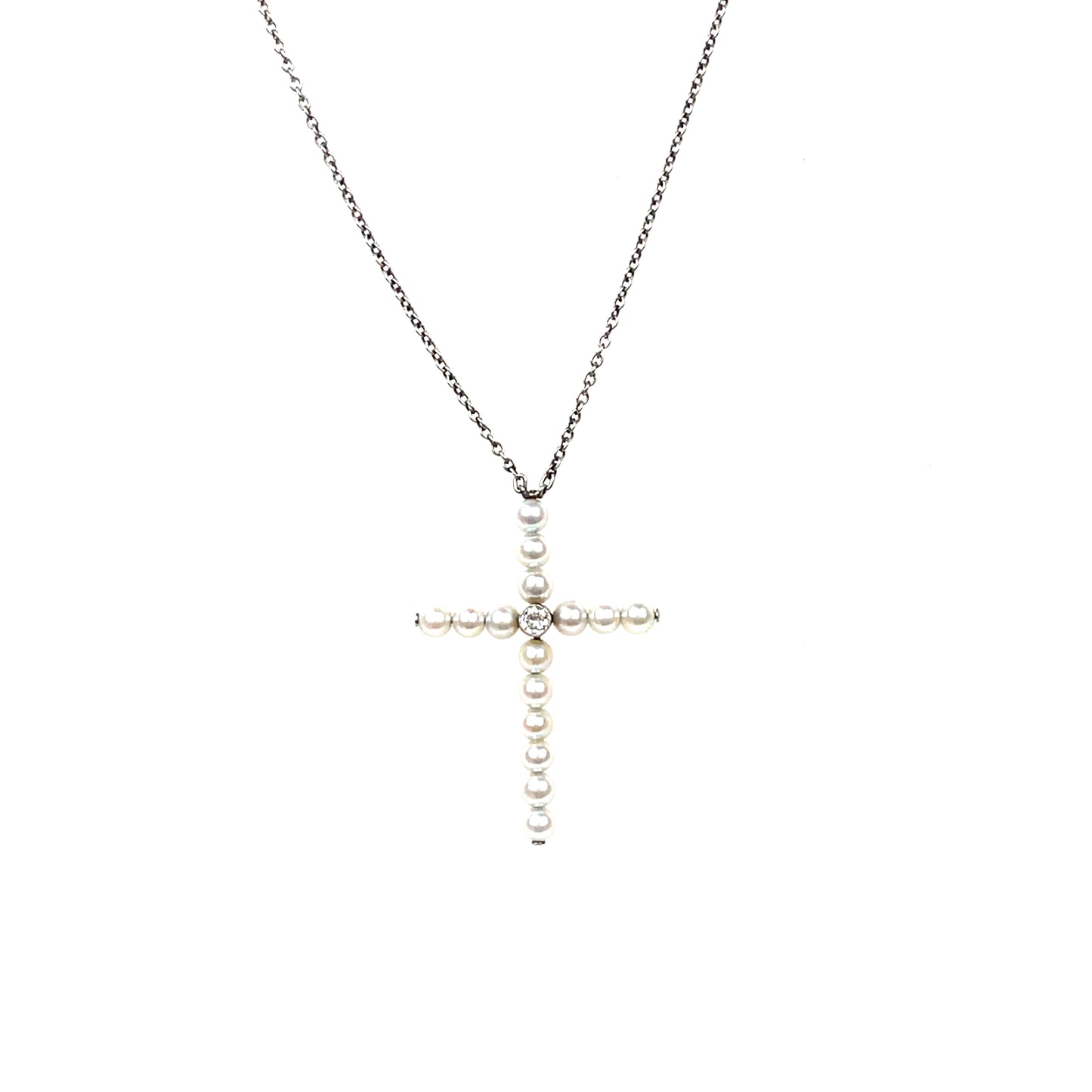 Platinum Pearl & Diamond Cross Pendant & Chain (18")