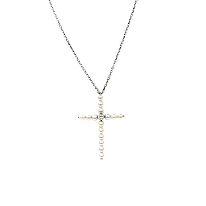 Platinum Pearl & Diamond Cross Pendant & Chain (18")