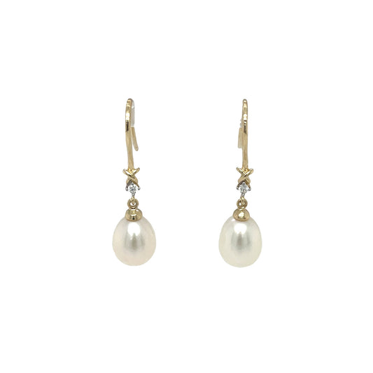 9ct Yellow Gold Diamond & Pearl Hook Knot Earrings