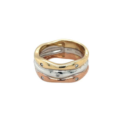 18ct Mixed Metal Wave Three Colour Gold Diamond Set Ring (M)