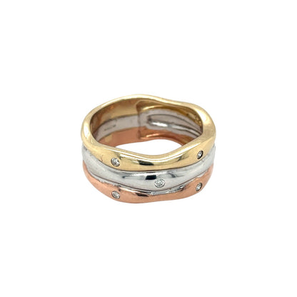 18ct Mixed Metal Wave Three Colour Gold Diamond Set Ring (M)