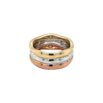 18ct Mixed Metal Wave Three Colour Gold Diamond Set Ring (M)
