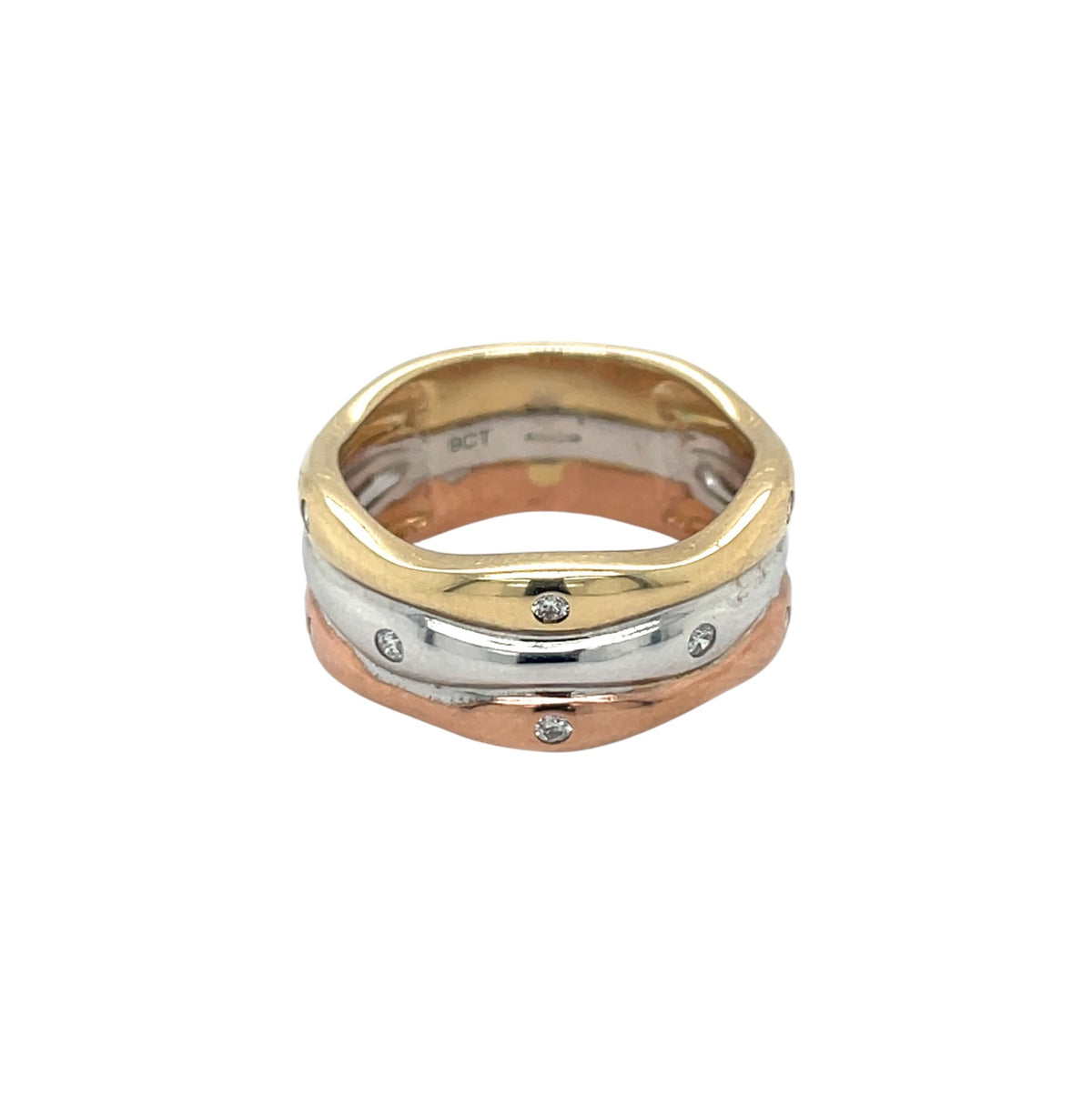 18ct Mixed Metal Wave Three Colour Gold Diamond Set Ring (M)