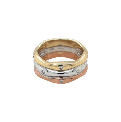18ct Mixed Metal Wave Three Colour Gold Diamond Set Ring (M)