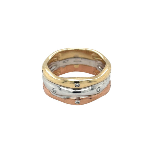 18ct Mixed Metal Wave Three Colour Gold Diamond Set Ring (M)