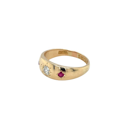18ct Yellow Gold Ruby & Diamond Gypsy Ring (L)