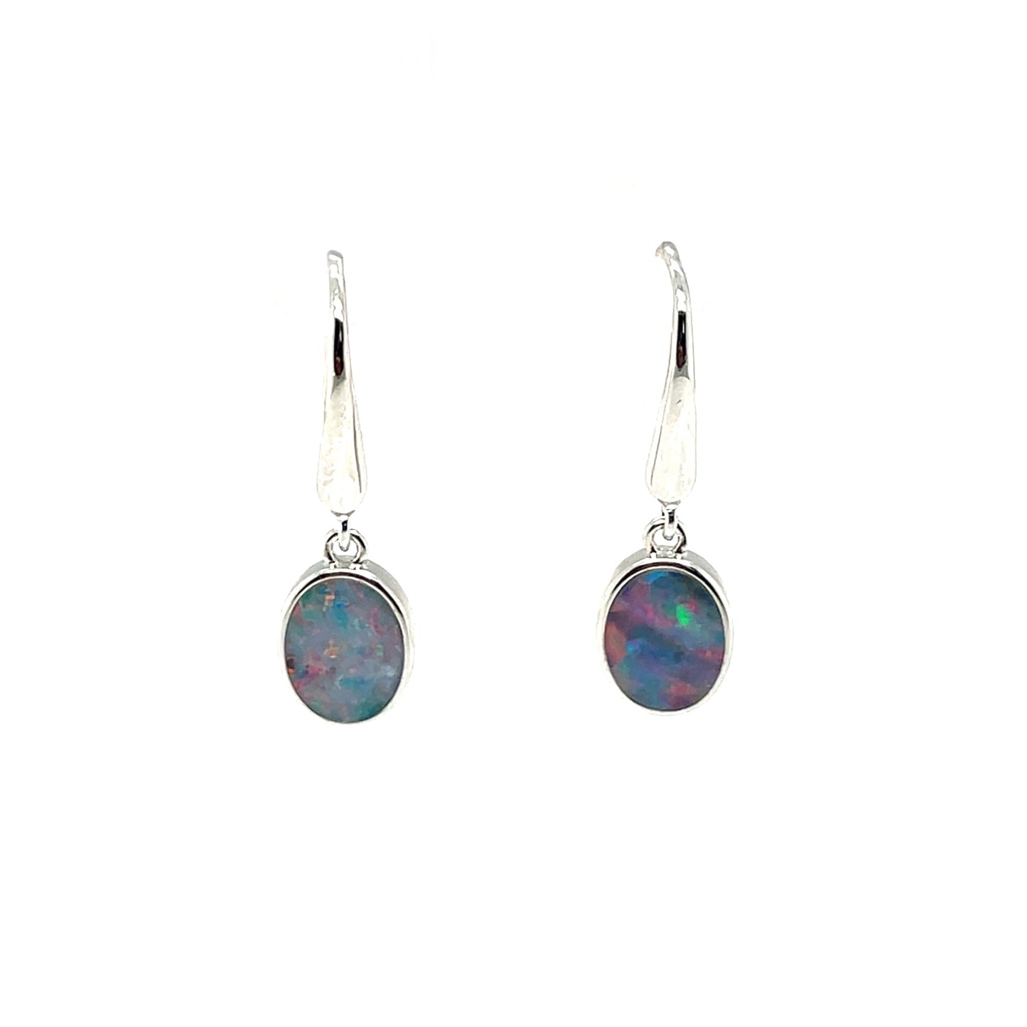 Silver Oval Opal Doublet Drop Earrings