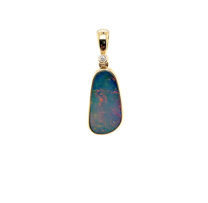 9ct Yellow Gold Freeform Opal Doublet & Diamond Pendant