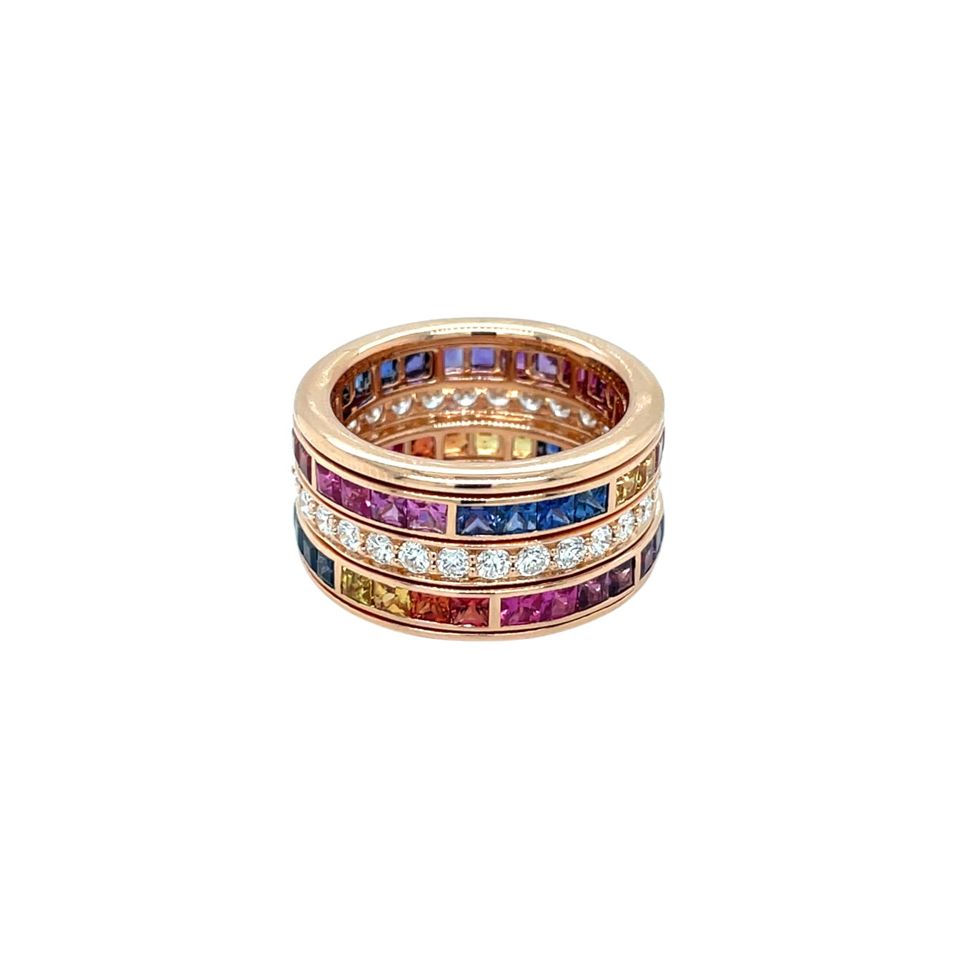 18ct Rose Gold Three Row Spinning Rainbow Sapphires & Diamonds Ring (N1/2)