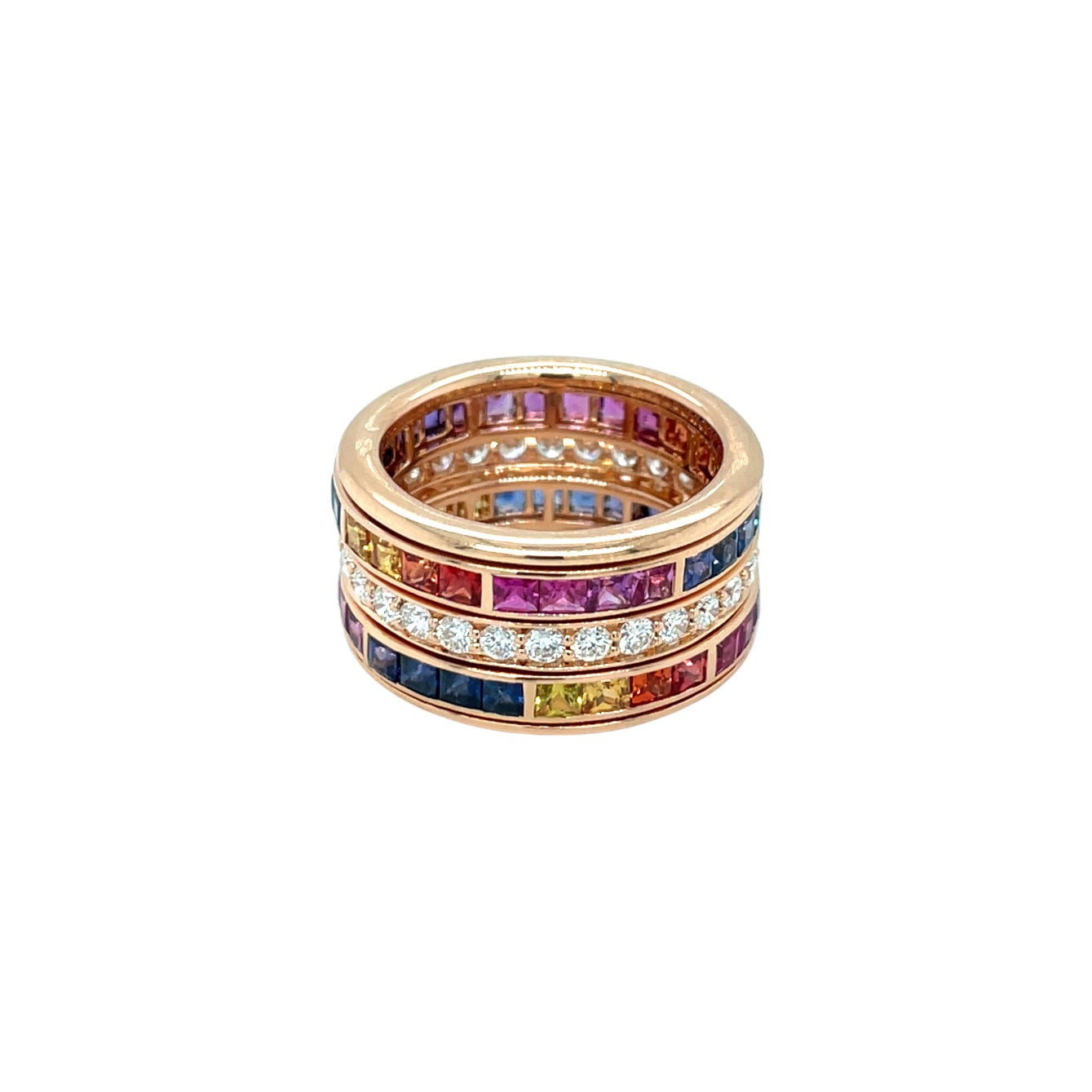 18ct Rose Gold Three Row Spinning Rainbow Sapphires & Diamonds Ring (N1/2)