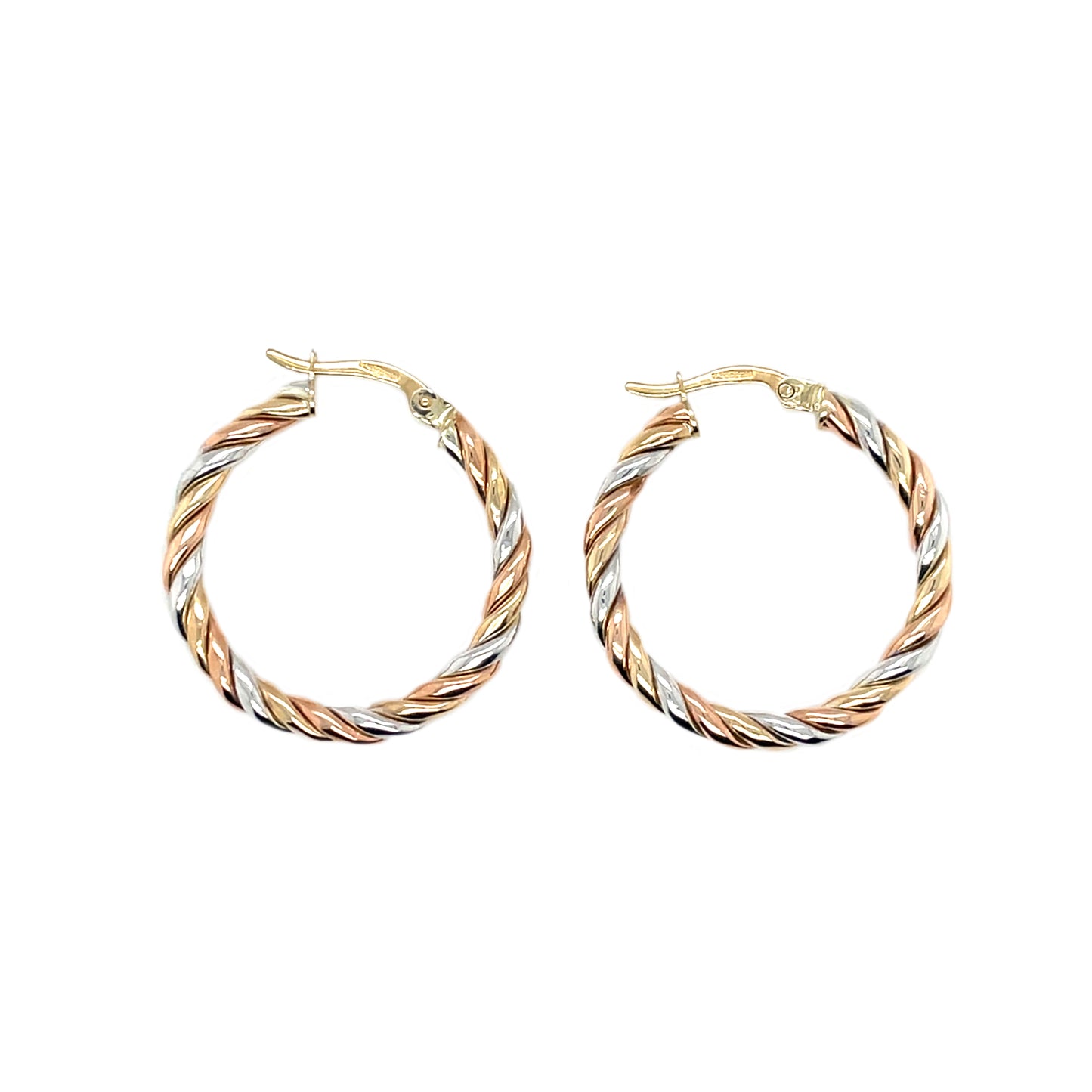 9ct Yellow, White & Rose Gold Twist Hoop Earrings