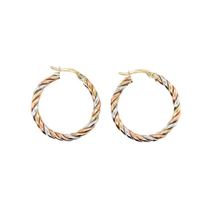 9ct Yellow, White & Rose Gold Twist Hoop Earrings