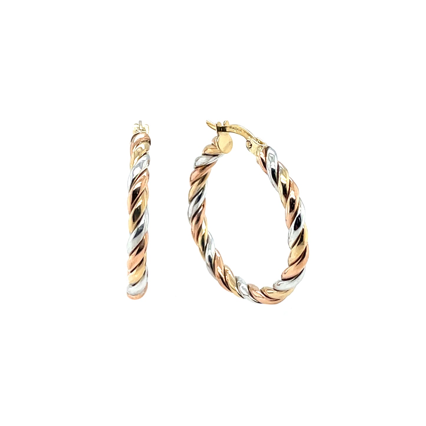 9ct Yellow, White & Rose Gold Twist Hoop Earrings