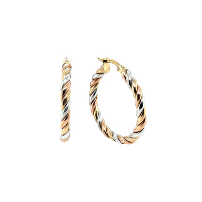 9ct Yellow, White & Rose Gold Twist Hoop Earrings