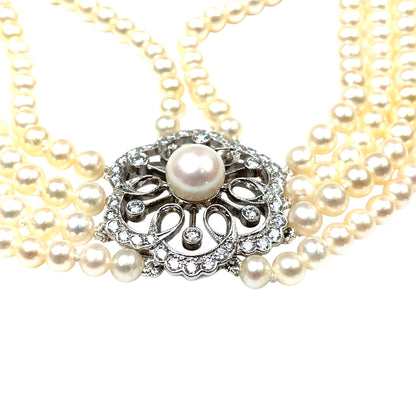 18ct White Gold Five Strand Pearl & Diamond Choker Necklace (14")